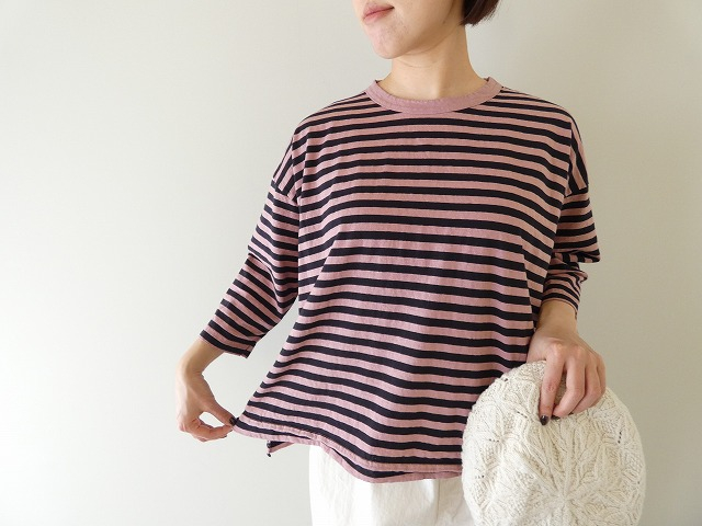 リサイクルムラ糸天竺ボーダー7分袖ワイドTシャツ