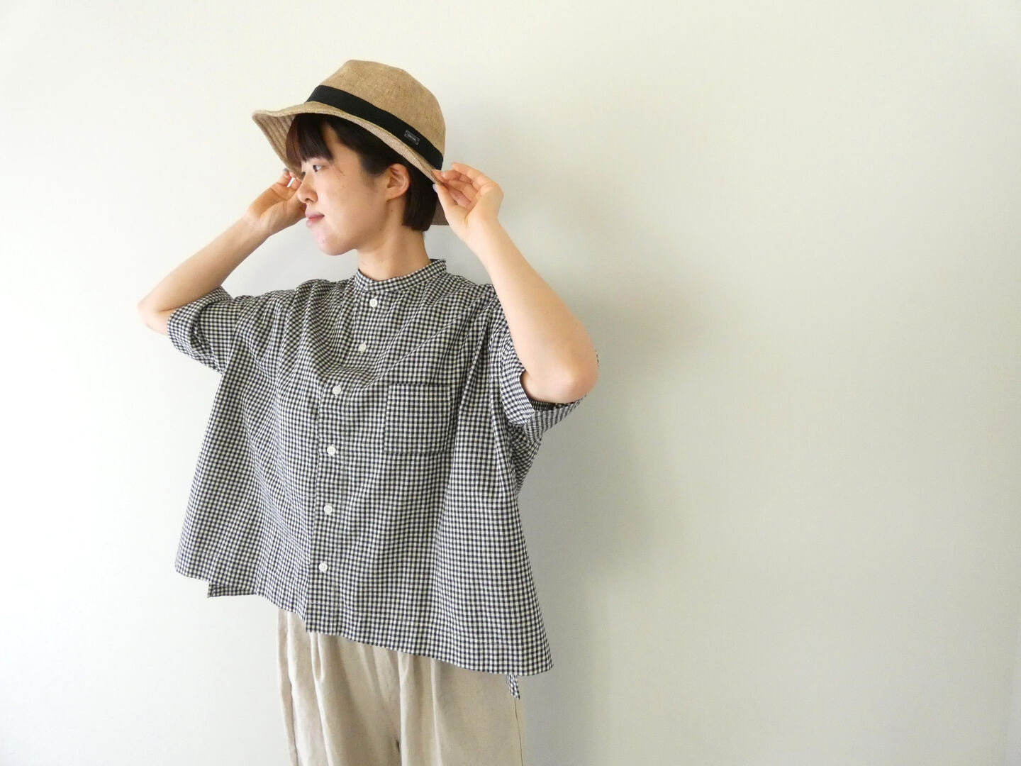 grin(グリン) モノトーンチェック5分袖ワイドシャツの商品画像1